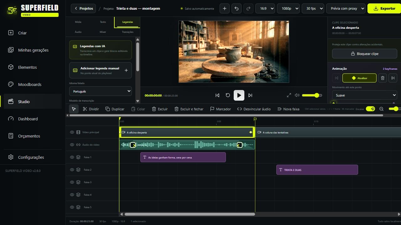 Studio 2.6 com timeline frame a frame, legendas com IA, keyframes, áudio e correção de cor